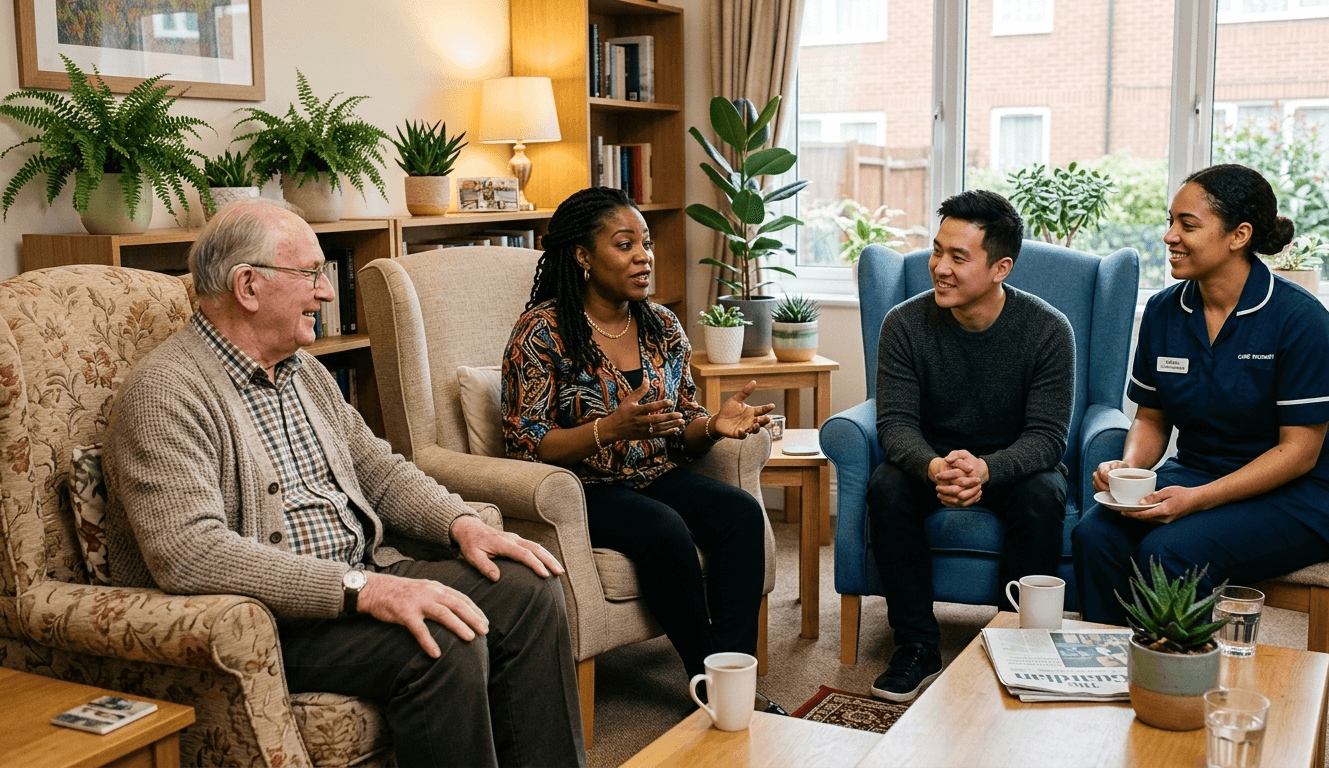 Residents having a group conversation
